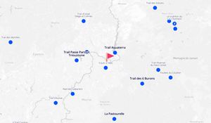 Carte des courses de trail autour du gîte à Madic : Aquaterra, Pastourelle, 6 Burons, Passe Partout Triouzoune