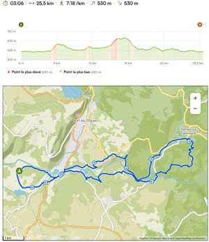 Carte du tracé le long de la rivière de la Rhue à Bort-les-Orgues